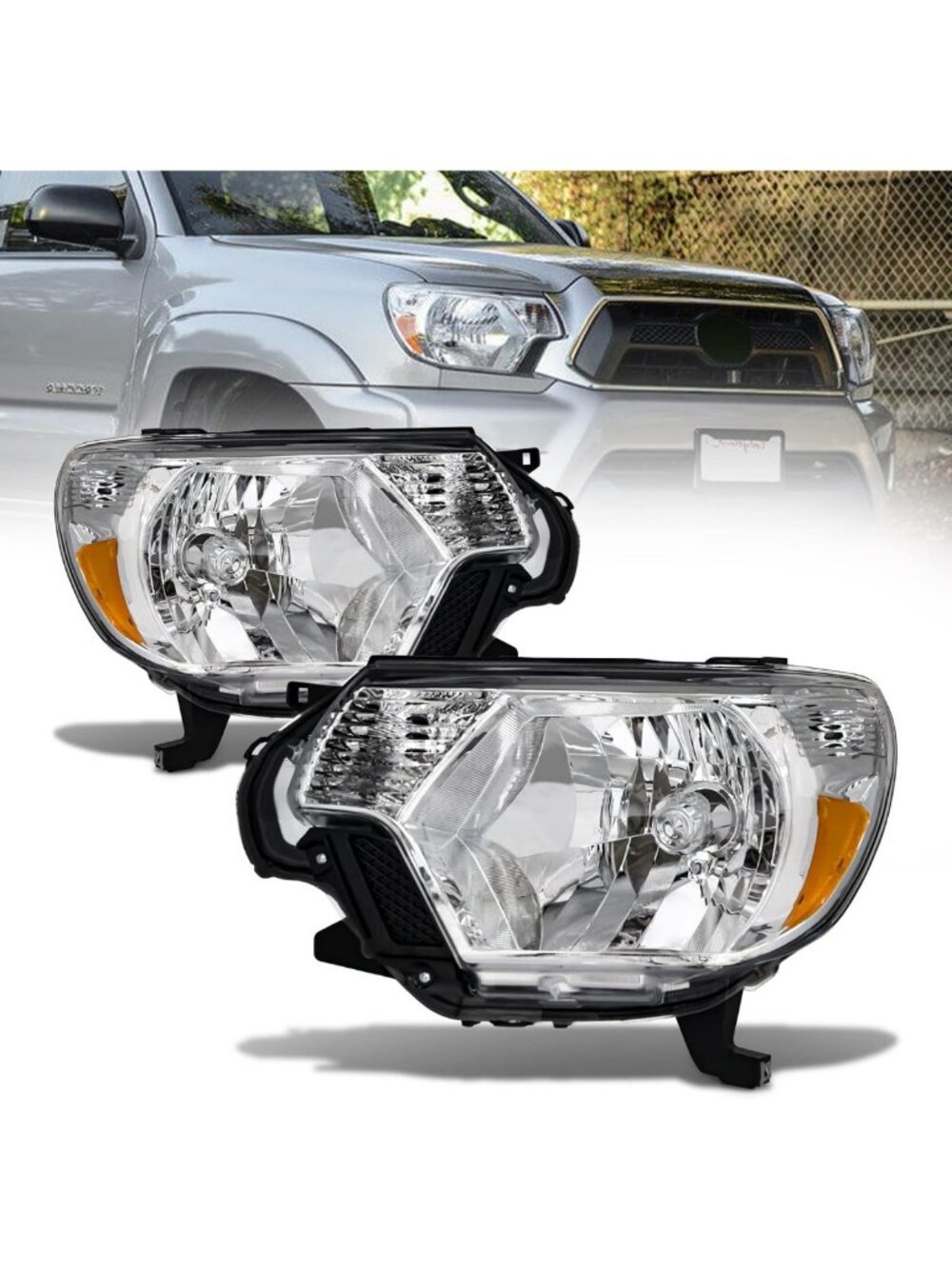 Headlight Assembly for 2012-2015 Tacoma - Chrome Housing, Amber Reflector, Pair